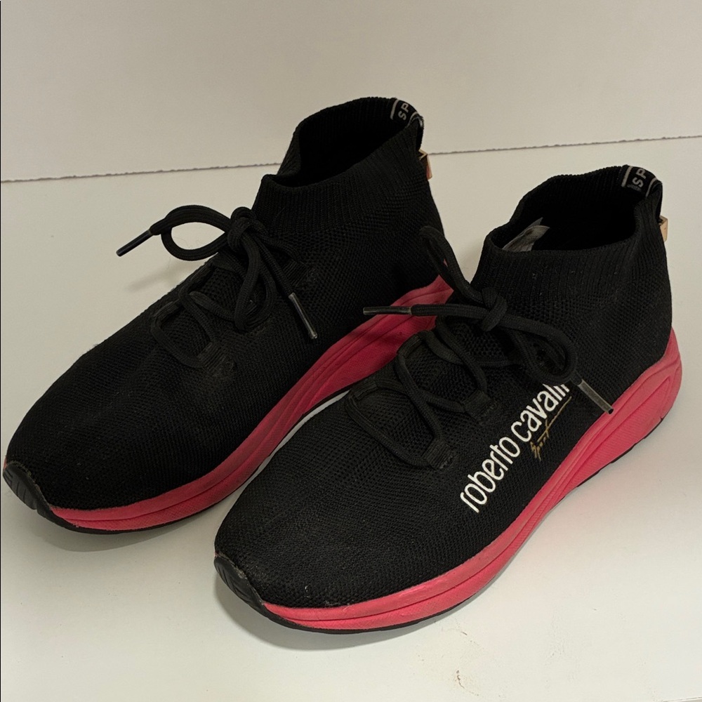 Roberto Cavalli Black Knit Pull on Sneakers with Pink Sole size 36